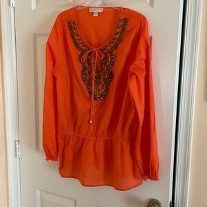 MICHAEL Michael Kors Orange Embroidered Tie-Neck Tunic